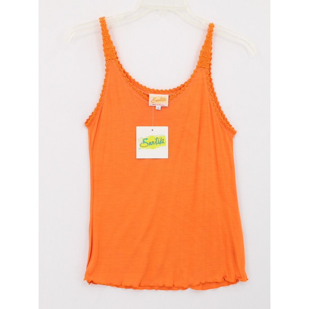 Santika‎ Crochet Trim Tank Top Small Orange Lettuce Hem Rayon Knit NEW Artsy